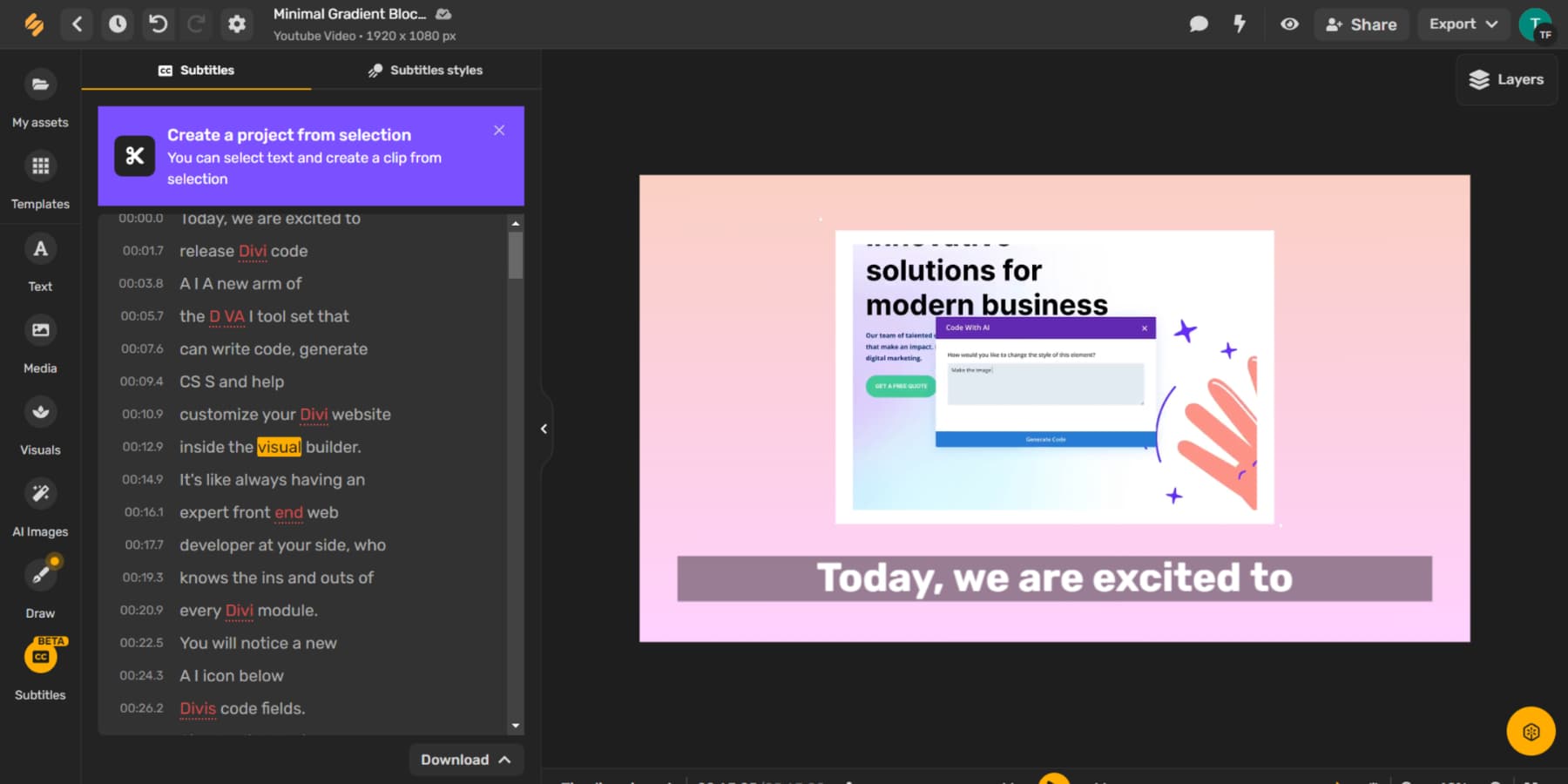 Ein Screenshot des KI-Untertitelungstools von Simplified