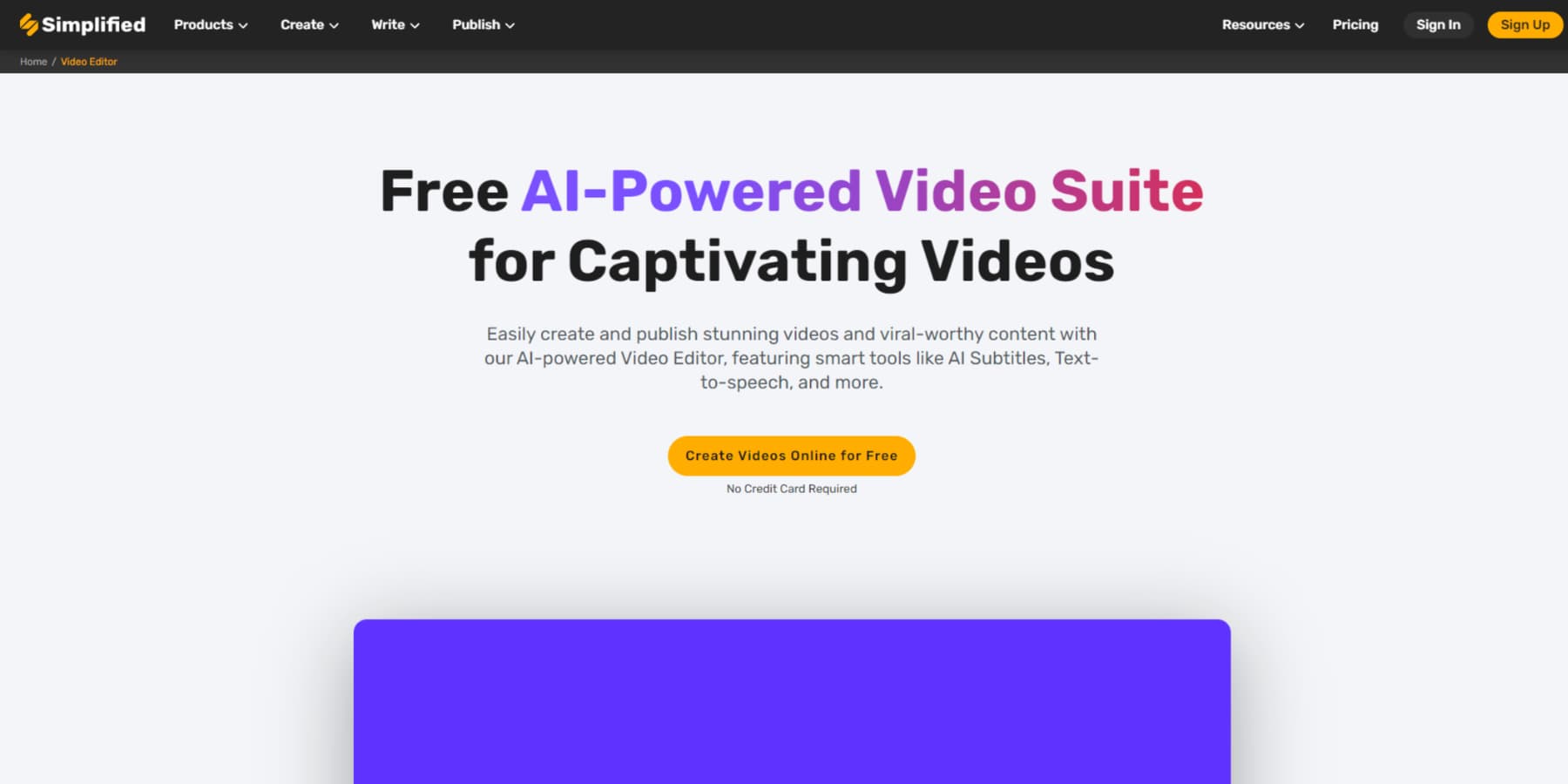Ein Screenshot der AI Video Editor-Landingpage von Simplified