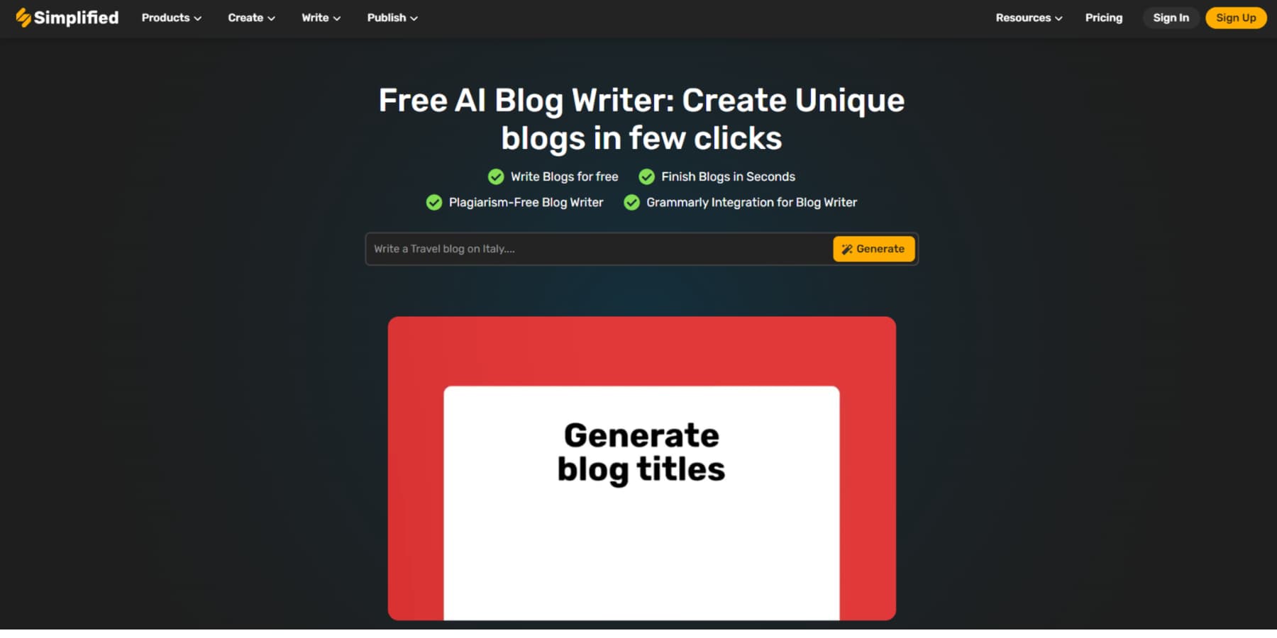 Ein Screenshot der AI Blog Writer Landing Page von Simplified