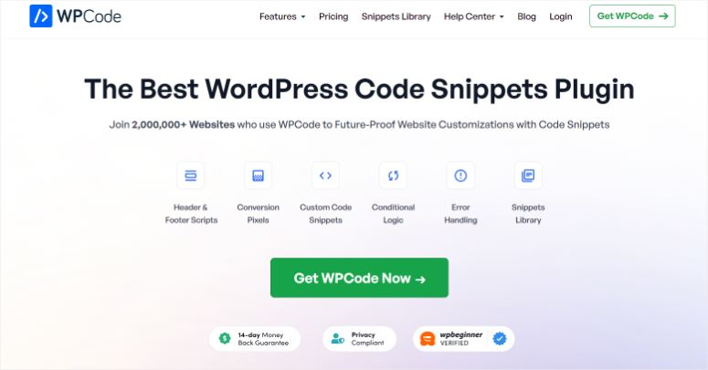 wpcode-homepage - IsItWP - เครื่องมือตรวจจับธีม WordPress ฟรี wpcode homepage