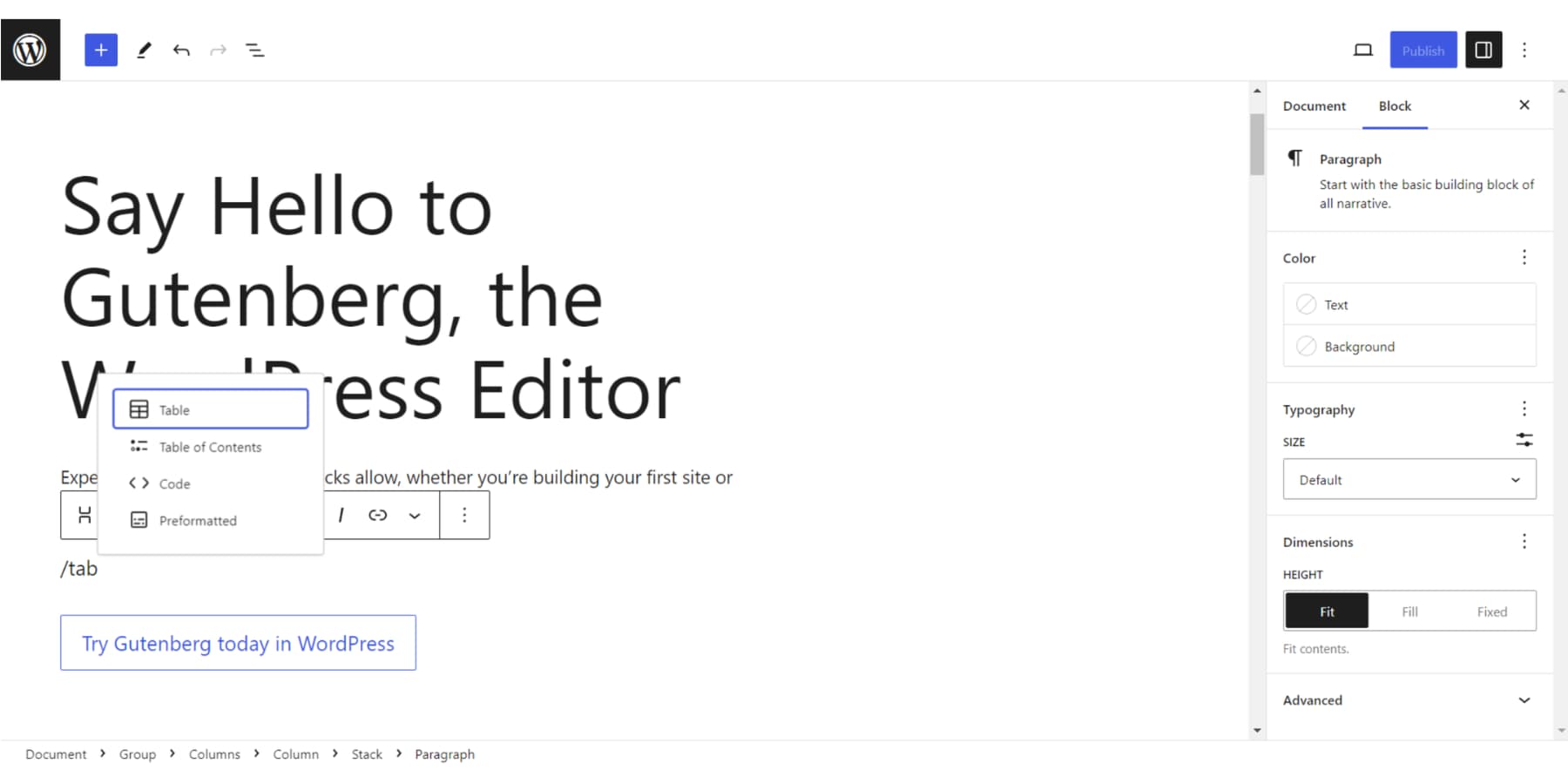 Ein Screenshot des Blockeditors von WordPress