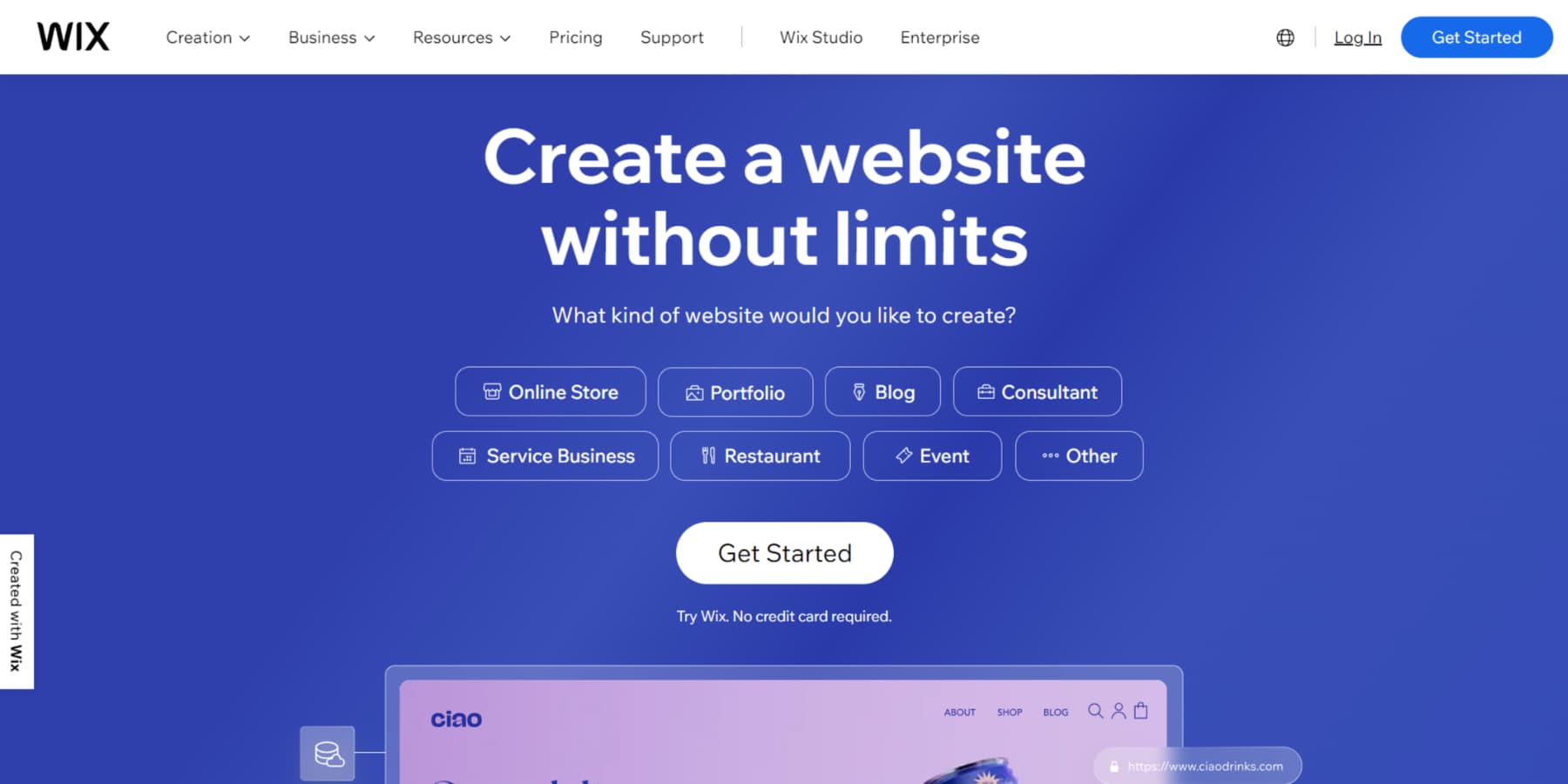 Ein Screenshot der Homepage von Wix