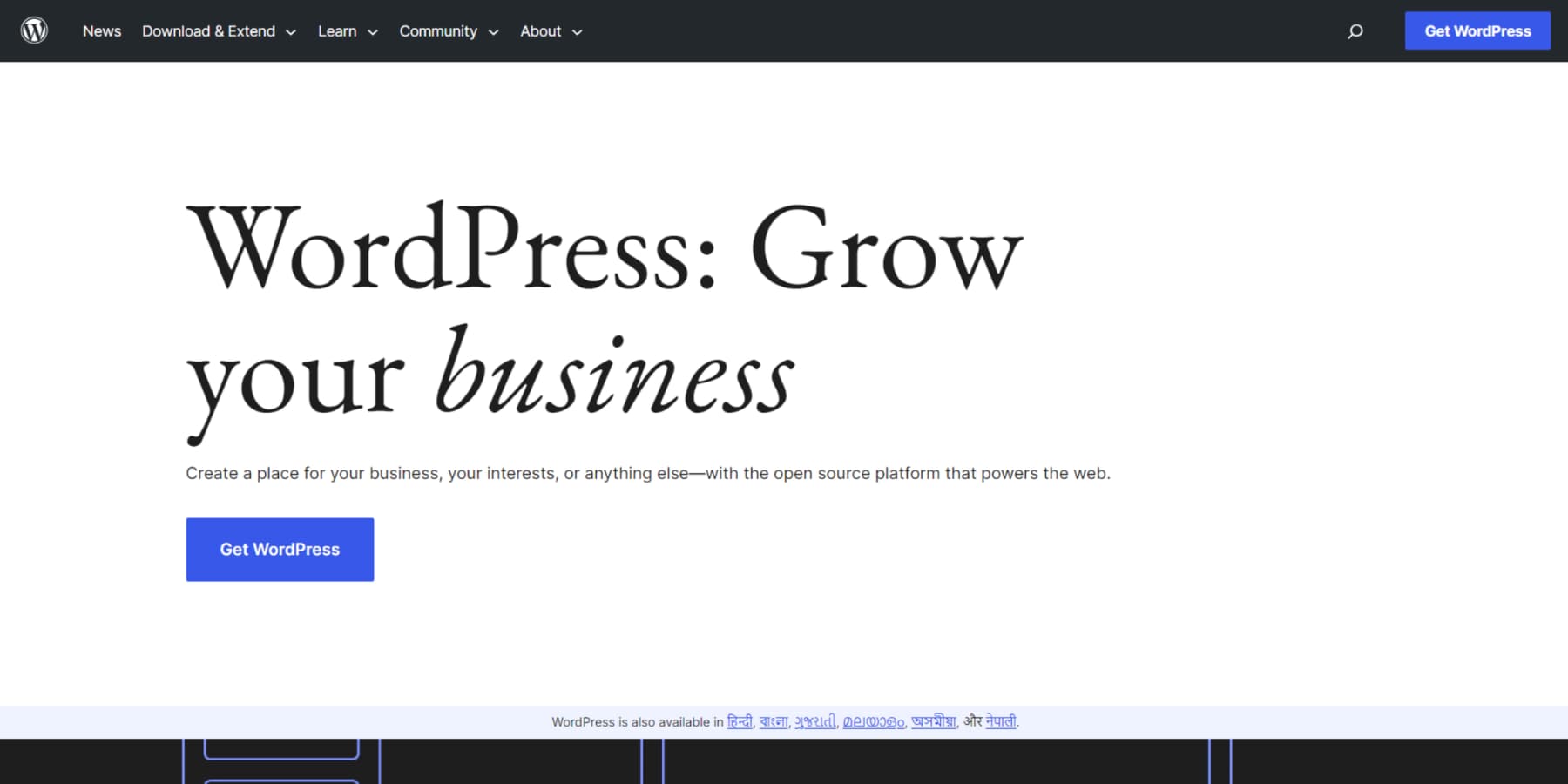 Ein Screenshot der WordPress-Homepage