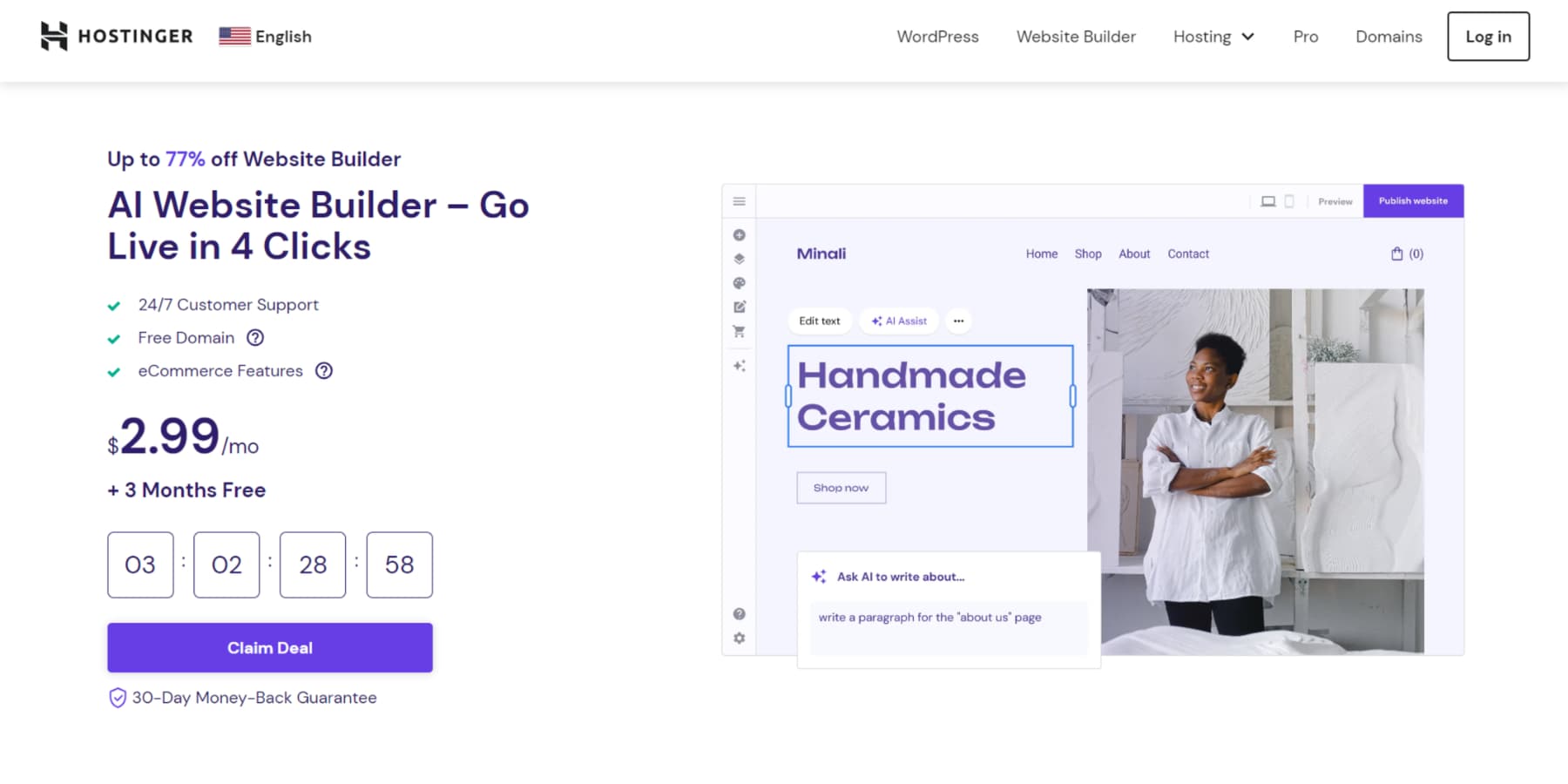 Ein Screenshot der Homepage von Hostinger Website Builder