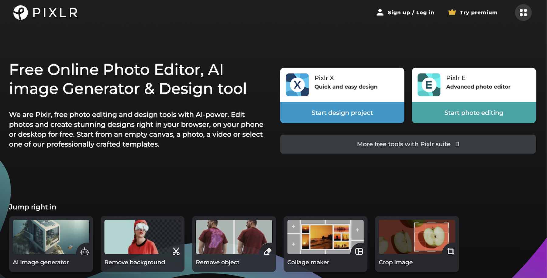Home page dell'editor Pixlr che mostra tutte le funzionalità