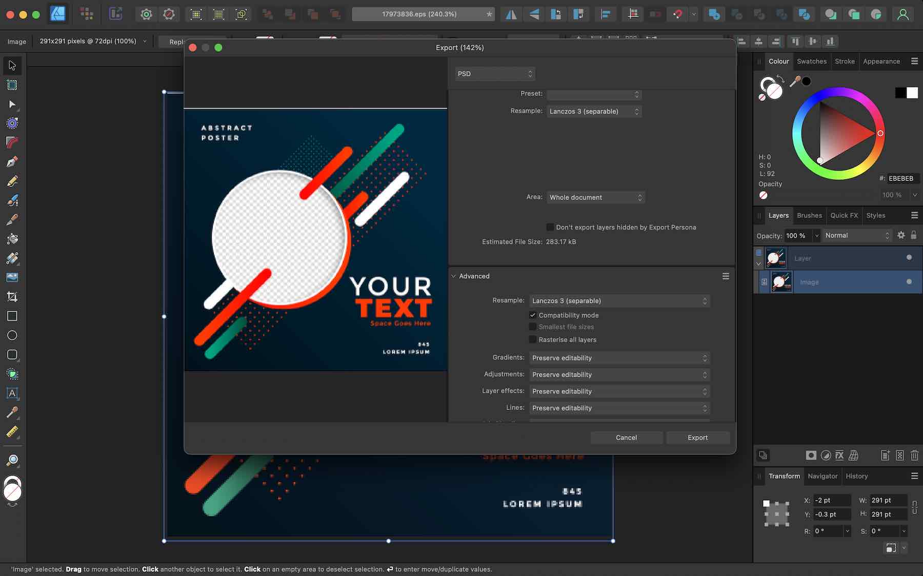 Esportazione di Affinity Designer Pro da EPS a PSD