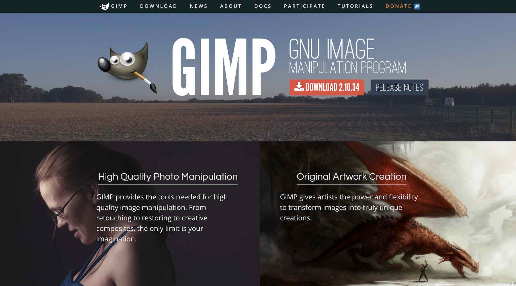 Captura de tela do site do GIMP