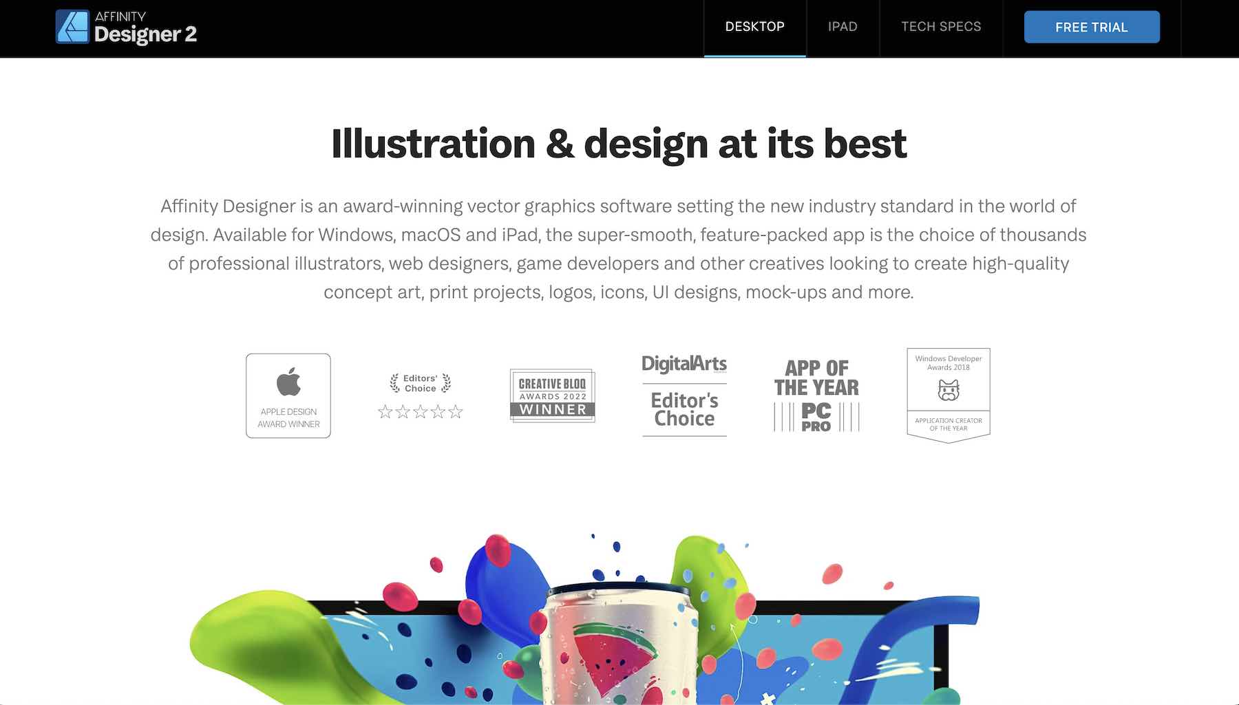 Schermata della home page di Affinity Designer