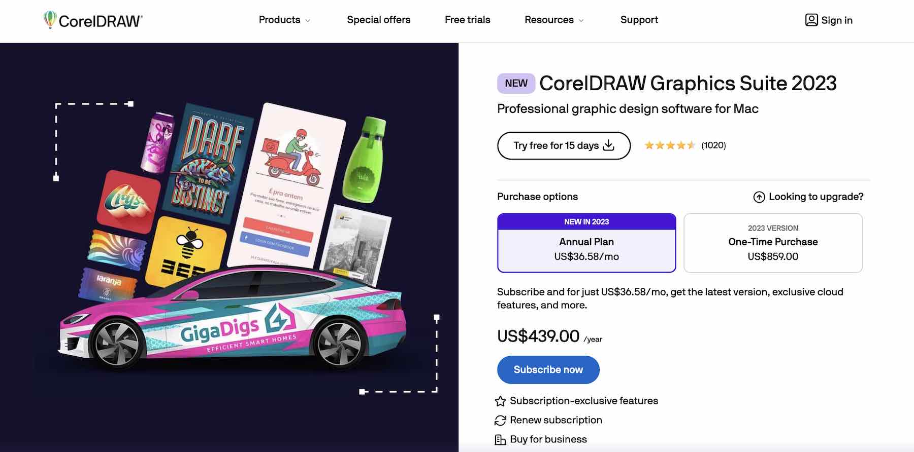 Fiyatlandırma planlarını gösteren CorelDRAW web sitesi ekran görüntüsü