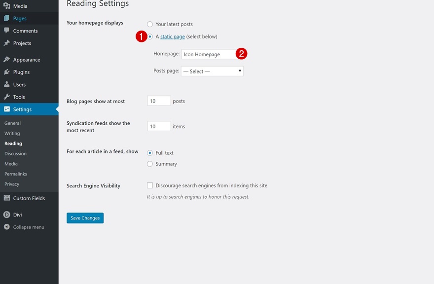 page de navigation des icônes
