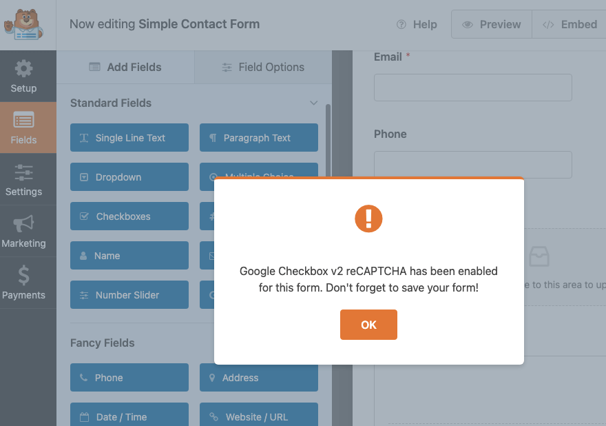 Recaptcha activé dans WPForms