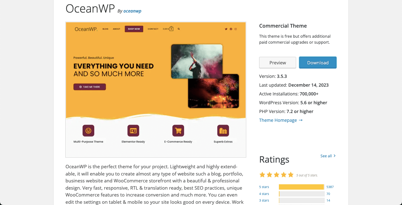 10+ أفضل سمات Elementor WooCommerce مع المقارنة 8 OceanWP theme for Elementor and WooCommerce