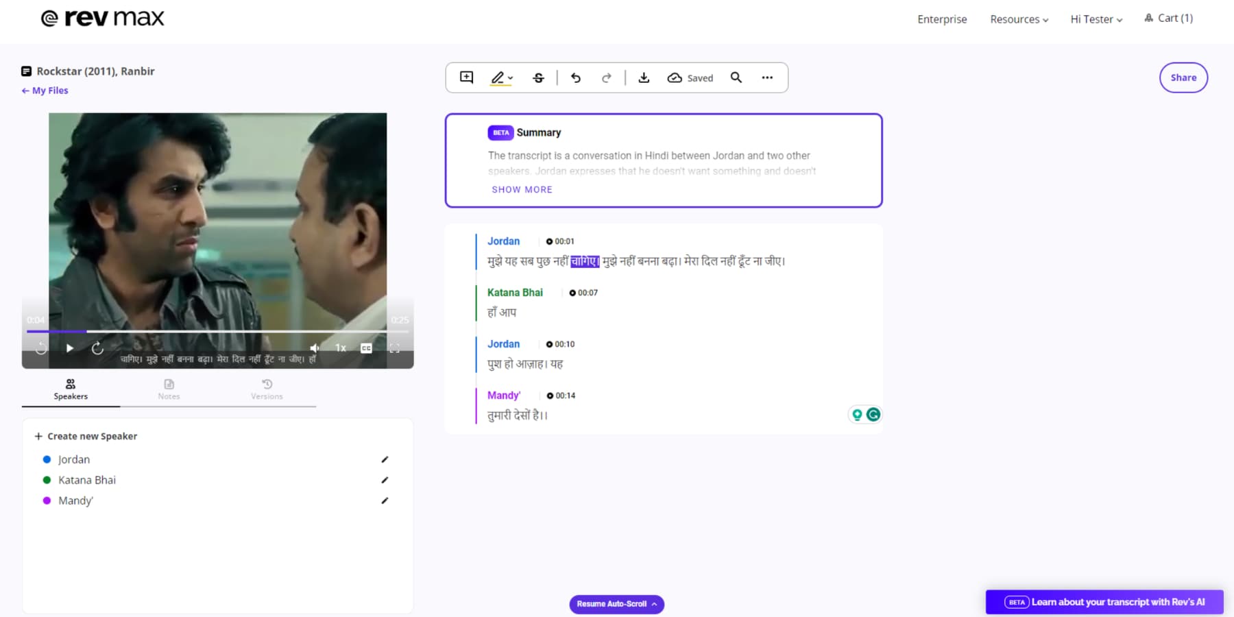Rev'in yapay zekasının Hintçe video transkripsiyonunu gösteren bir ekran görüntüsü