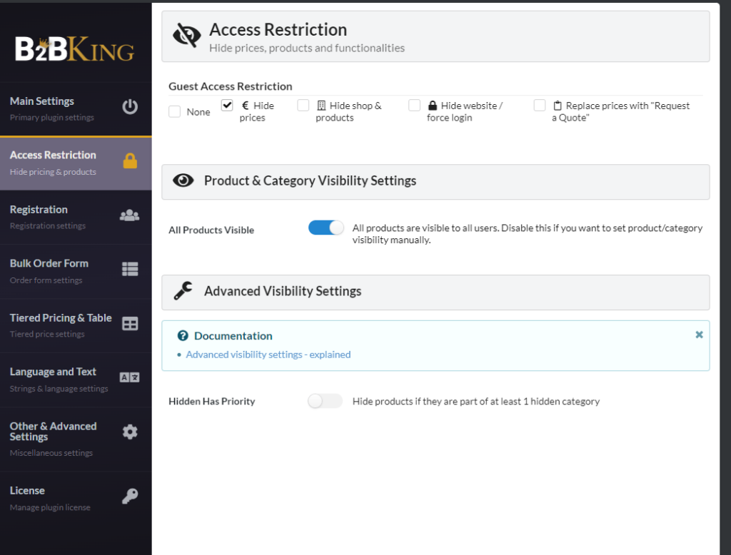 painel de configurações