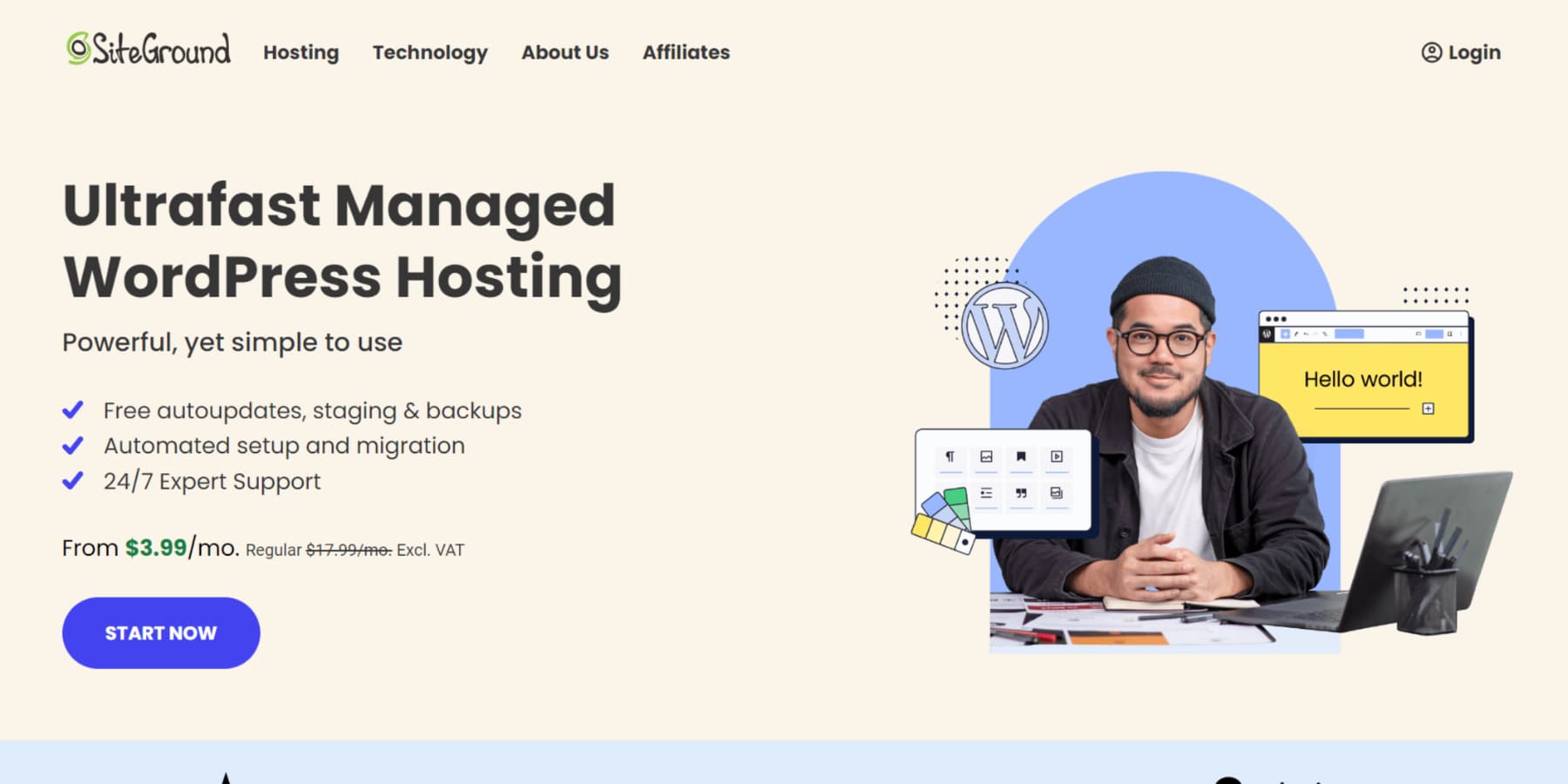 Siteground의 WordPress 서비스 홈페이지 스크린샷