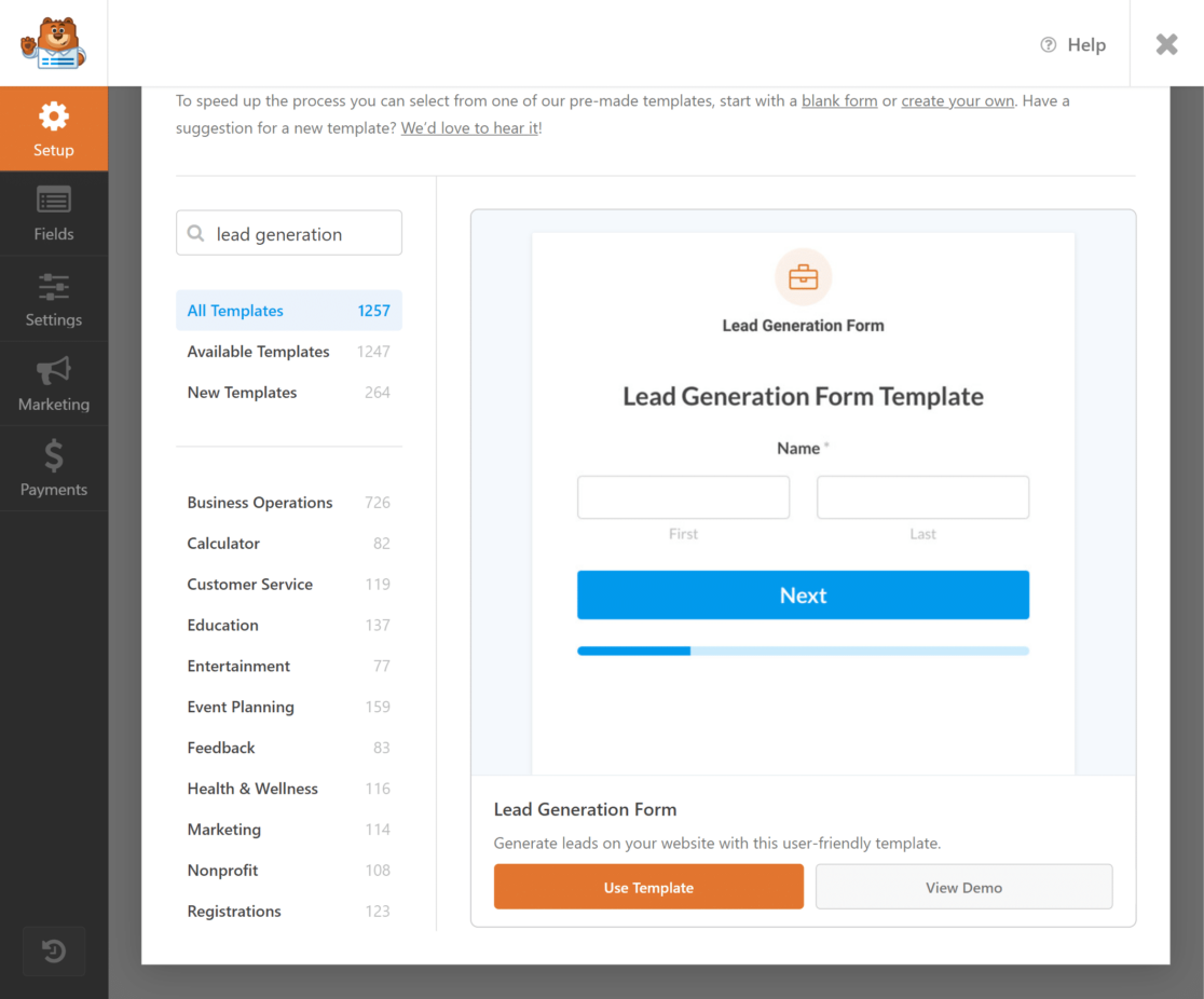 Lead generation form template
