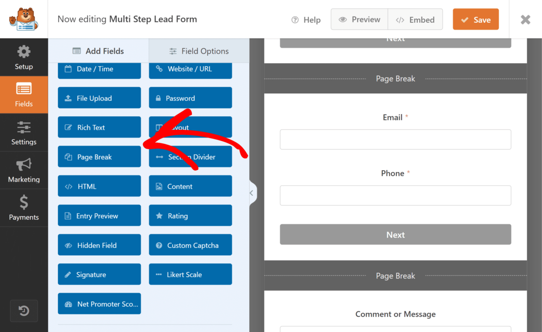 Page break in multi step lead form