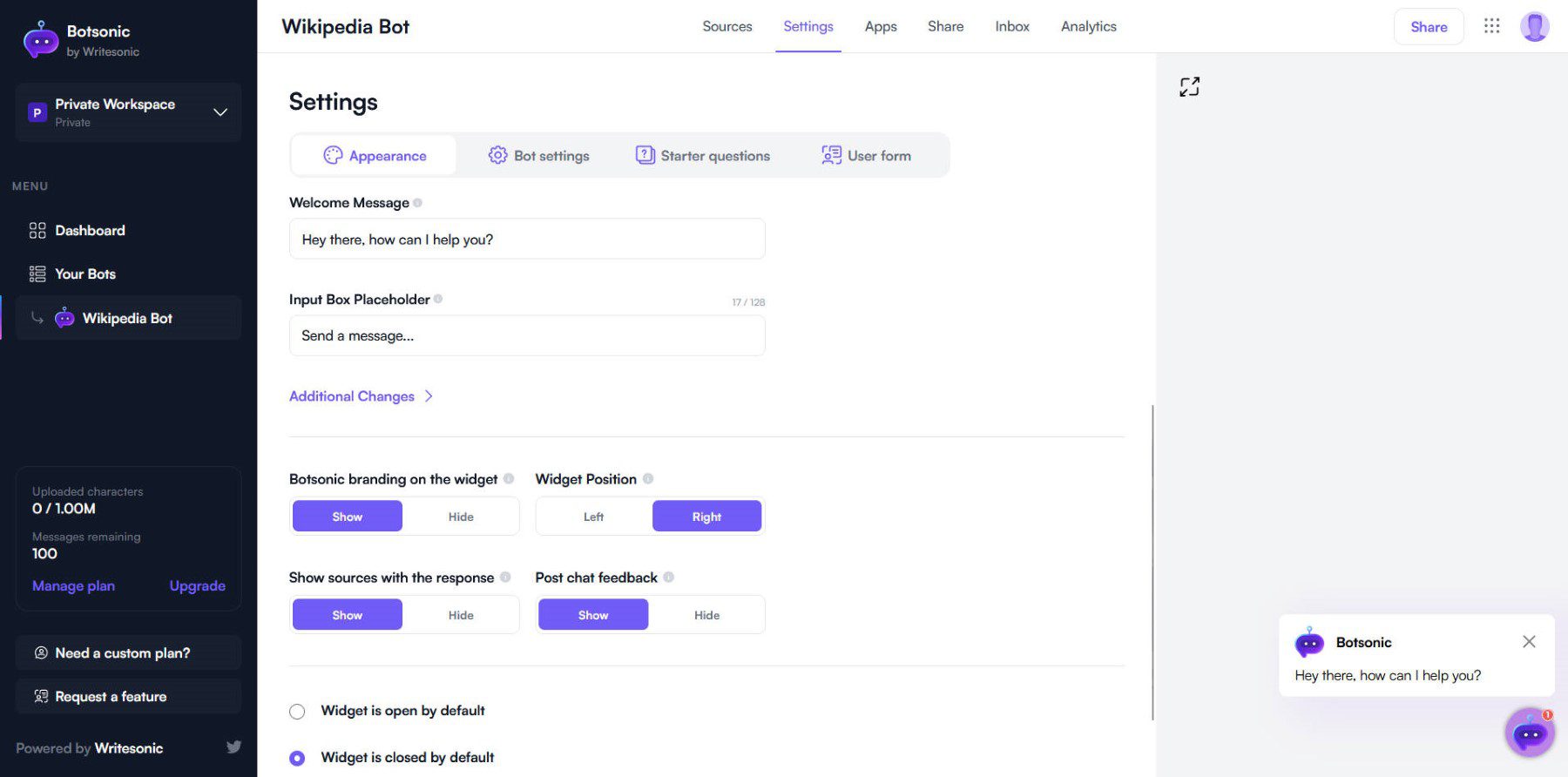 Setări suplimentare pentru Chatbot