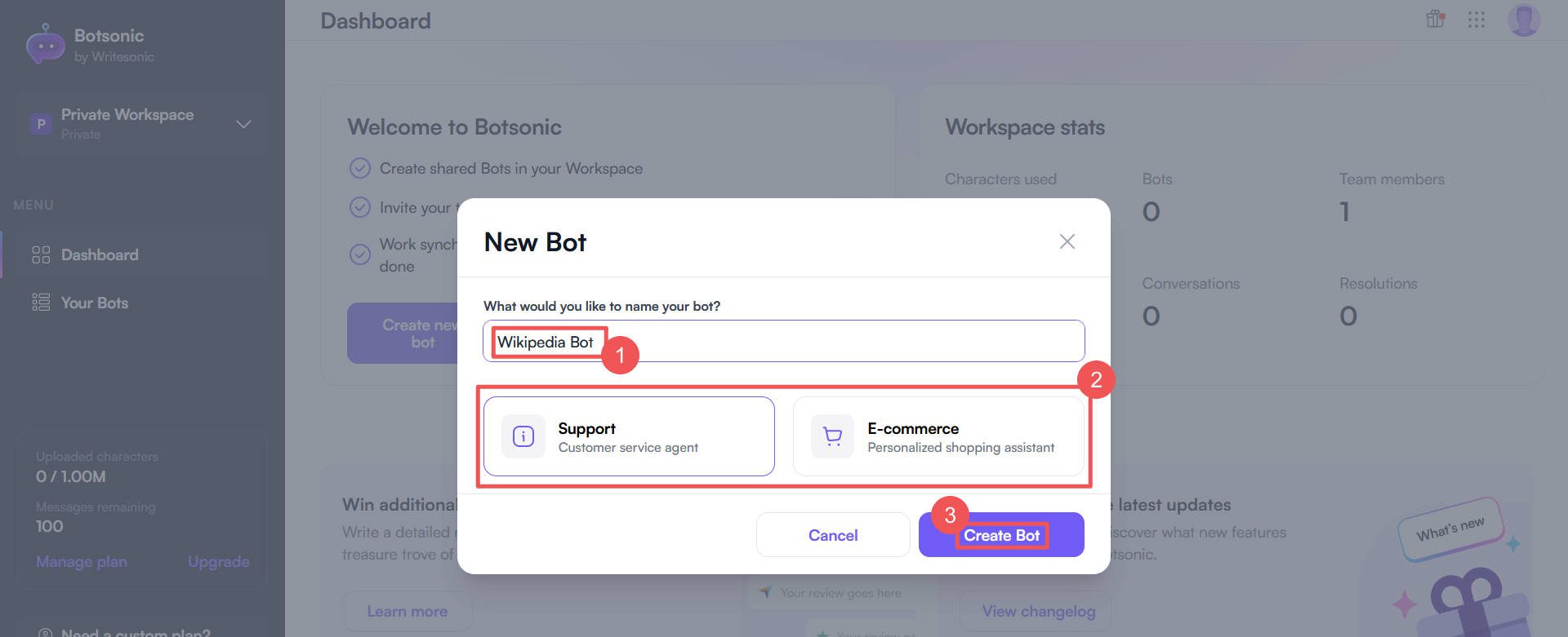 Creați Botsonic Chatbot - Pașii 2-4