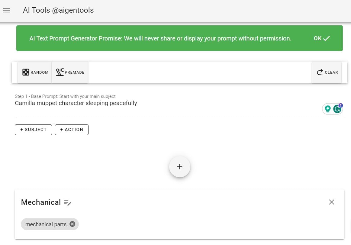 Interface de prompt do gerador de prompt de texto AI