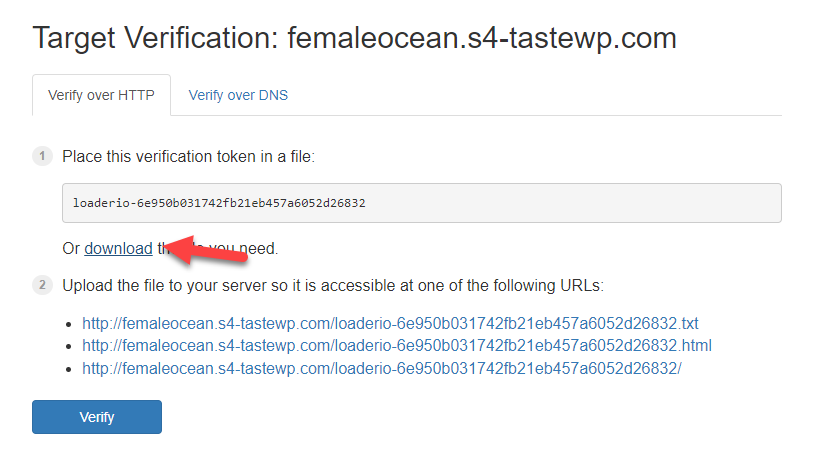 unduh file verifikasi - uji stres situs WordPress