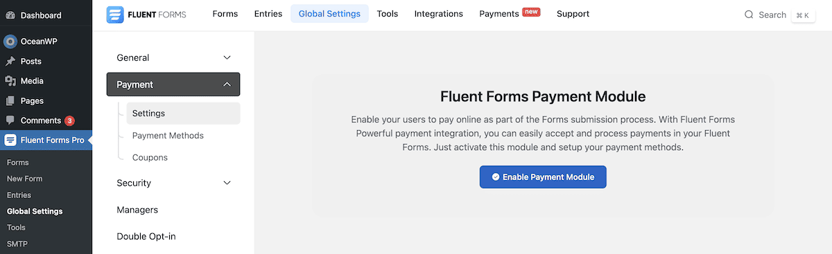 Fluent Forms Ödeme Ayarları ekranı.