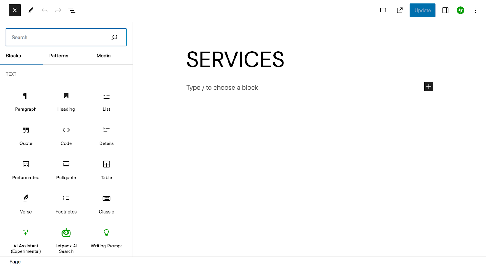 usando o editor de blocos do WordPress para criar uma página