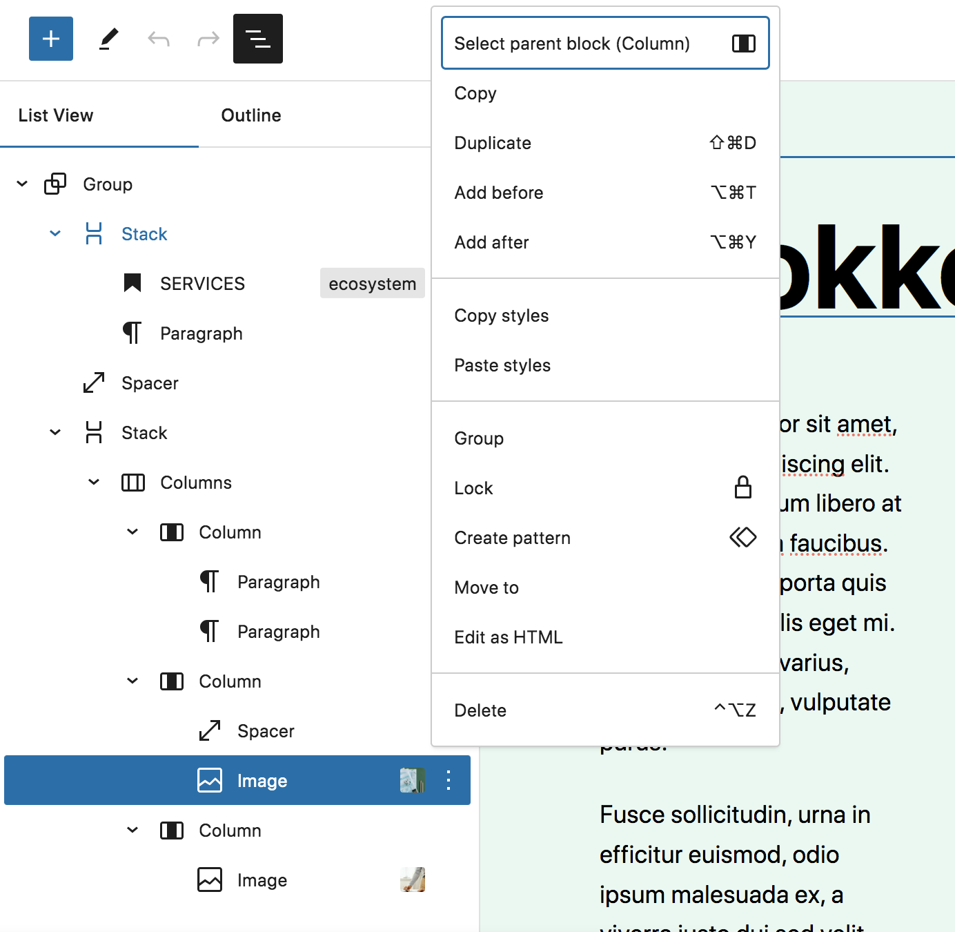 selecionando um bloco pai no WordPress