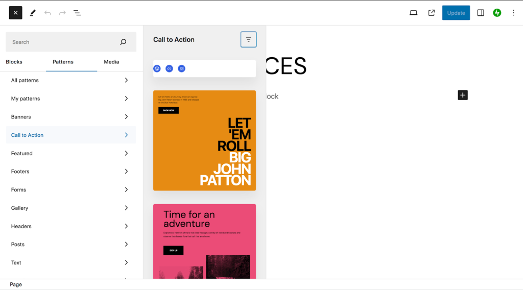 exemplo de padrão de bloco de call to action no WordPress