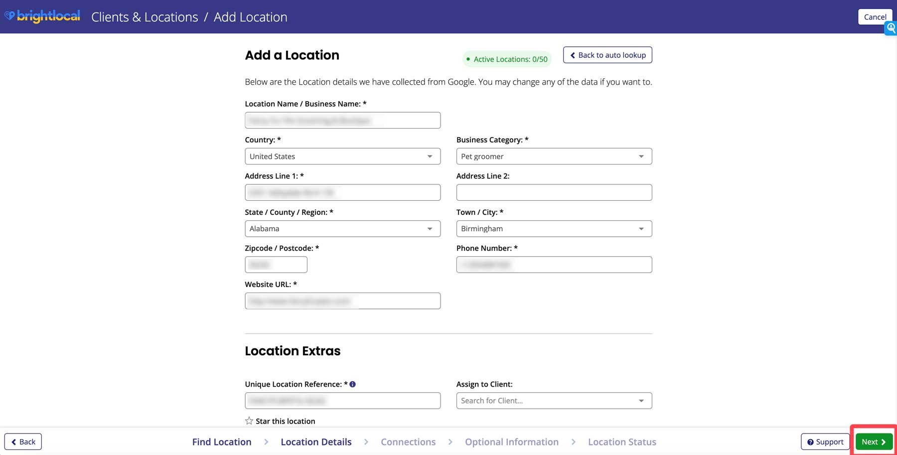 Adicionar localização ao Brightlocal