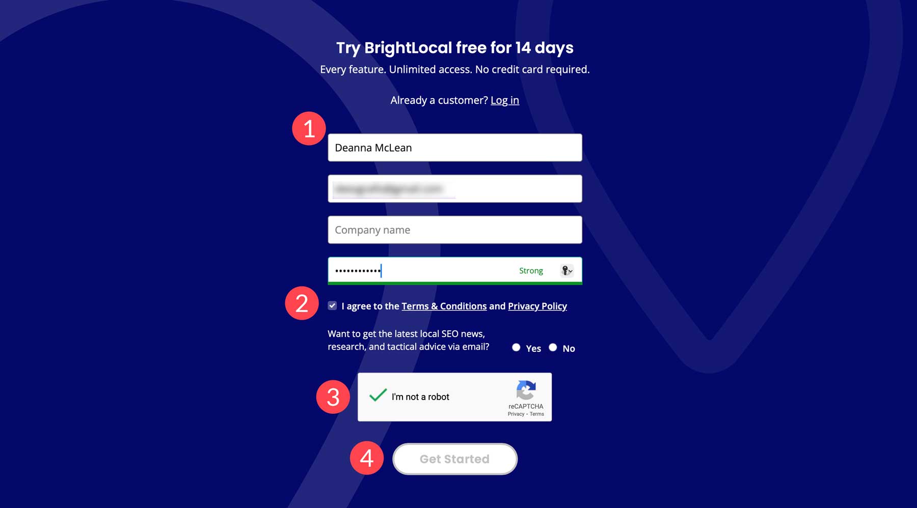 Crie uma conta Brightlocal