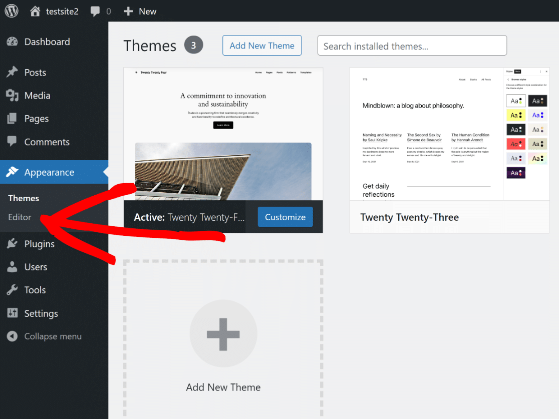 WordPress select editor in appearance