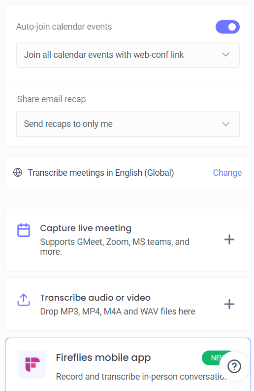 Um exemplo de widget de calendário em Fireflies AI