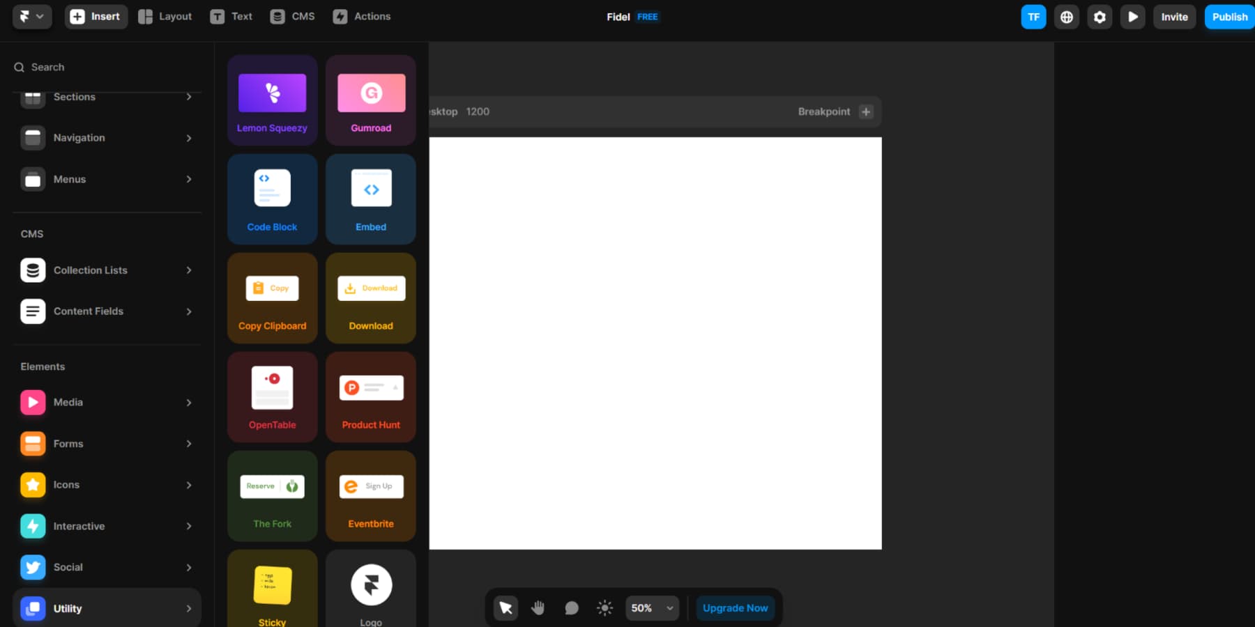 Una captura de pantalla de Insertar elementos de Framer