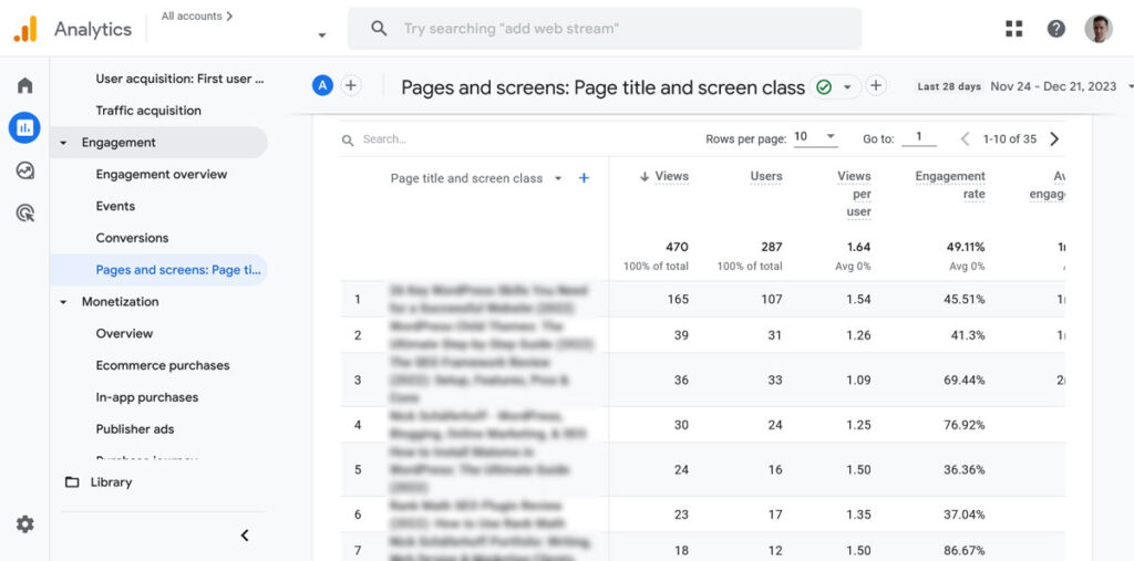 Google Analytics-Seiten- und Bildschirmbericht