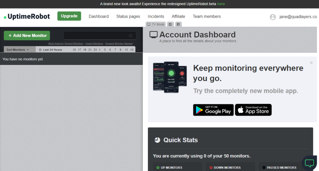 dashboard del robot uptime