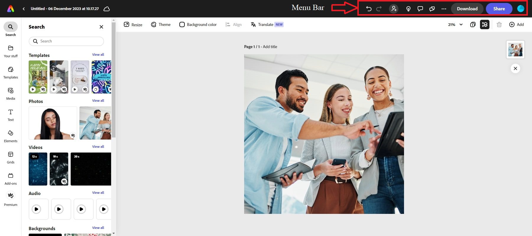Barra de menus do Adobe Express