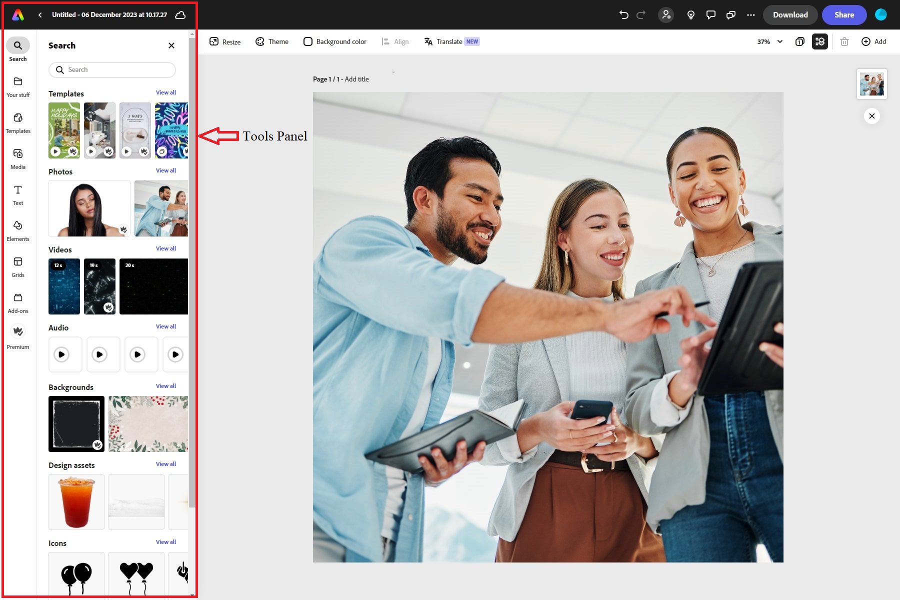 Painel de ferramentas do Adobe Express