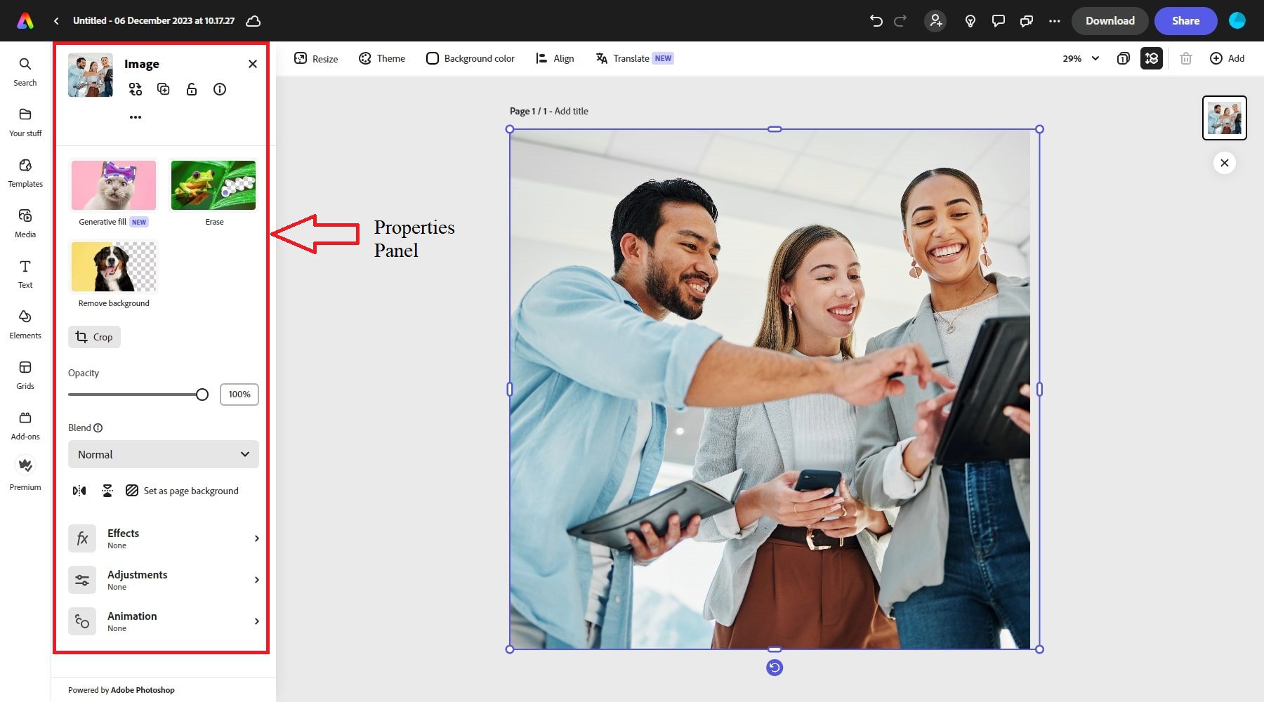 Painel de propriedades do Adobe Express