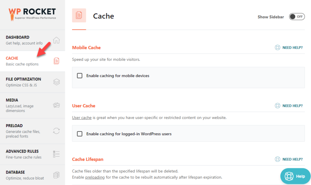 Configurações de cache do foguete WP