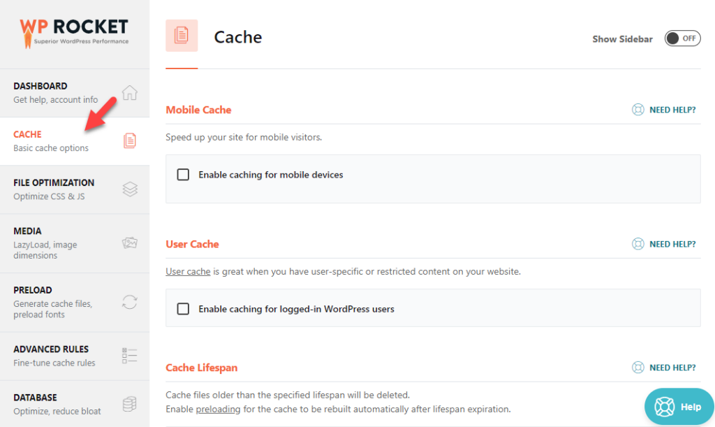 Configuración de caché de WP Rocket