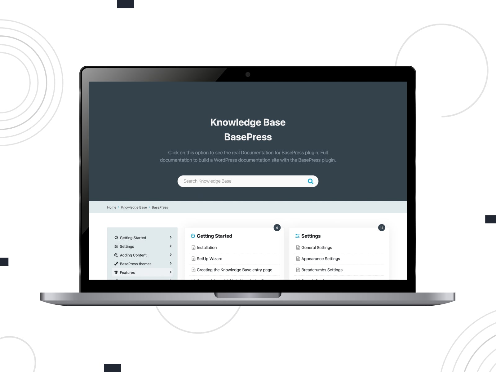 Collage des BasePress-Wiki-Plugin-Dashboards auf dem Desktop-Bildschirm.