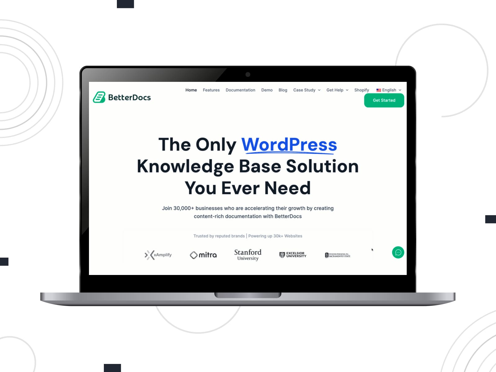Collage der Startseite der WordPress-Plugins der BetterDocs-Wissensdatenbank auf dem Desktop-Bildschirm.