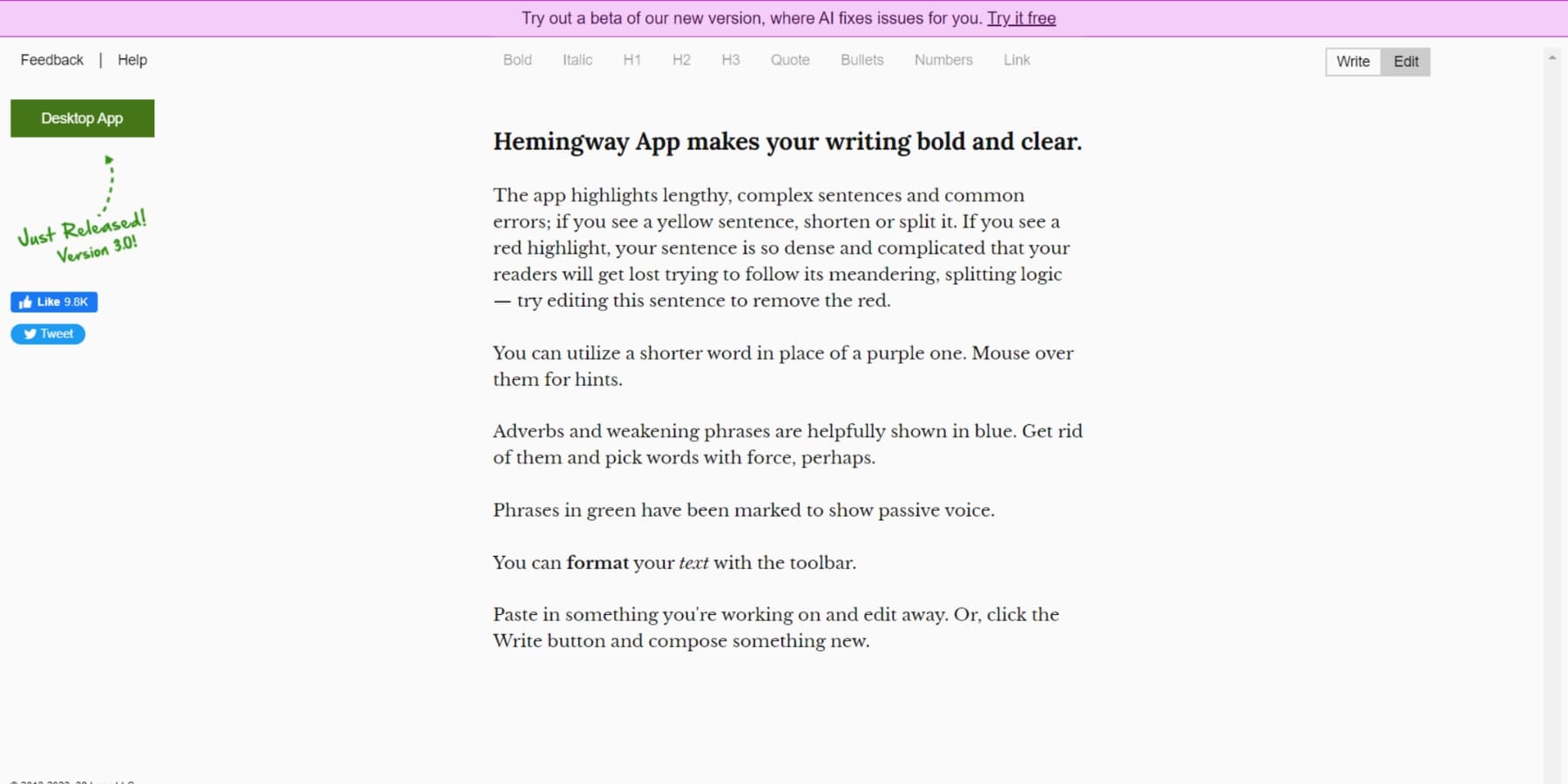 Une capture d'écran de la page d'accueil de l'éditeur Hemmingway
