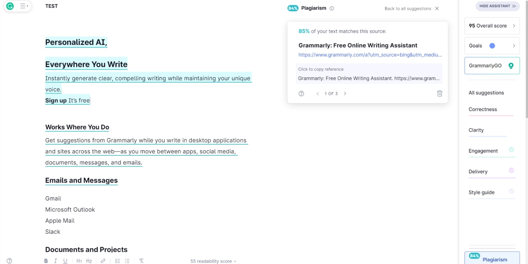 Une capture d'écran de l'outil de vérification du plagiat de Grammarly