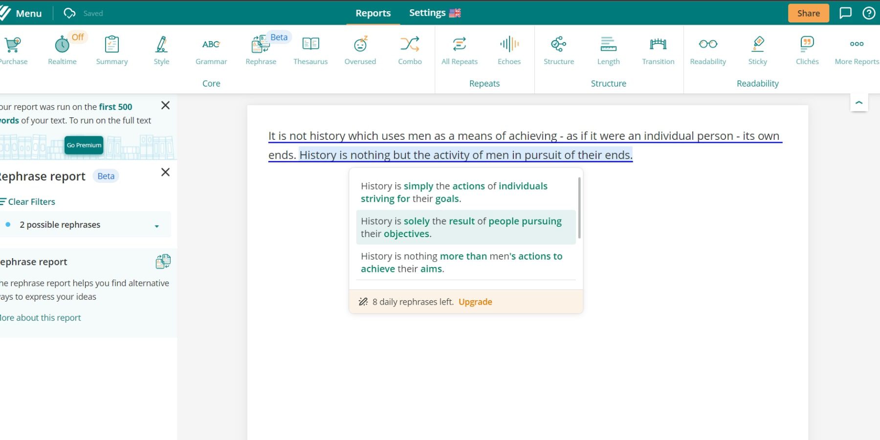 Une capture d'écran de l'outil de reformulation de ProWritingAid