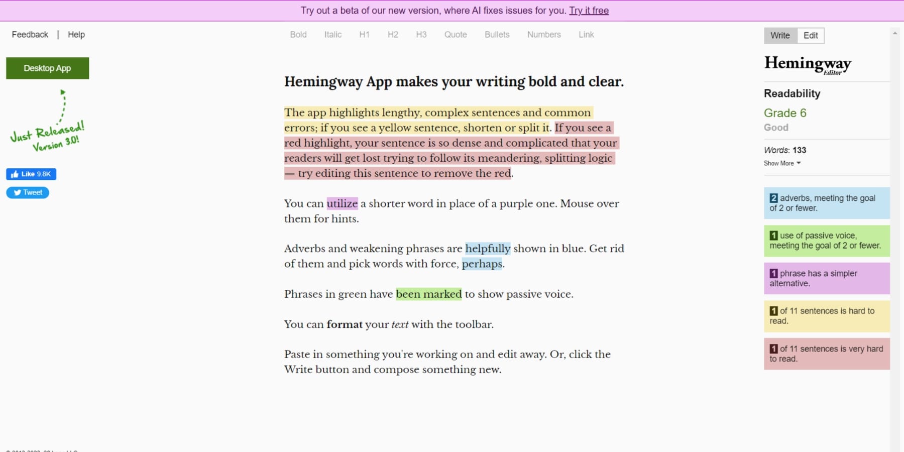 Une capture d'écran du mode d'édition de l'éditeur Hemmingway
