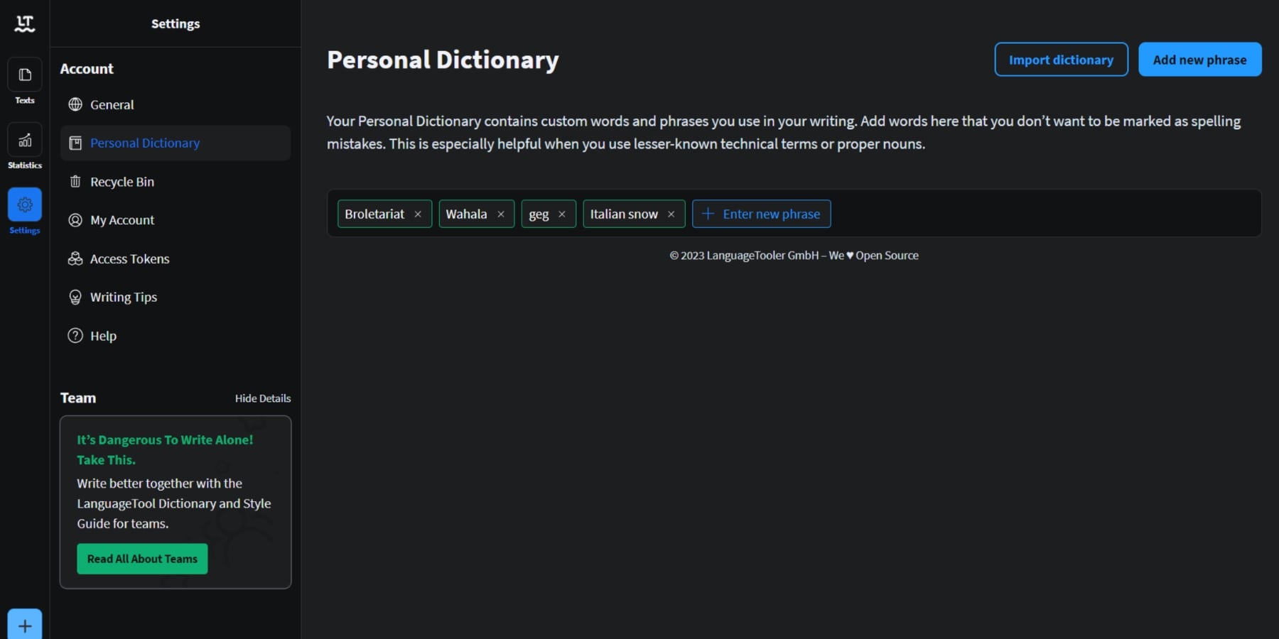 Une capture d'écran du dictionnaire personnel de LanguageTool