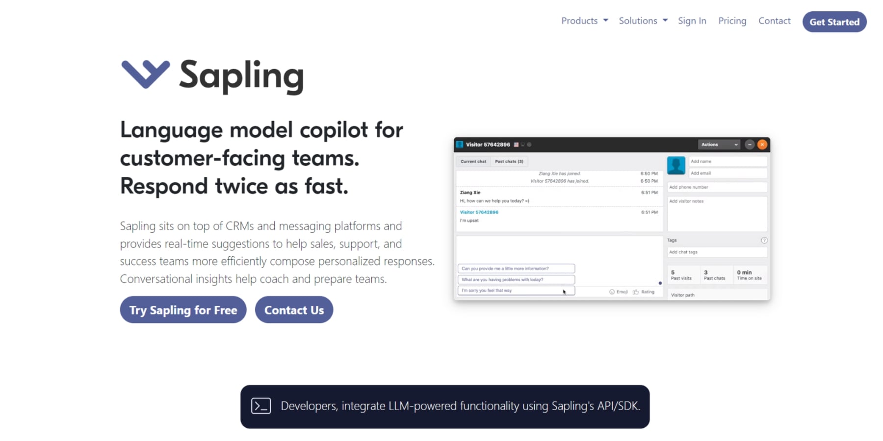 Une capture d'écran de la page d'accueil de Sapling AI
