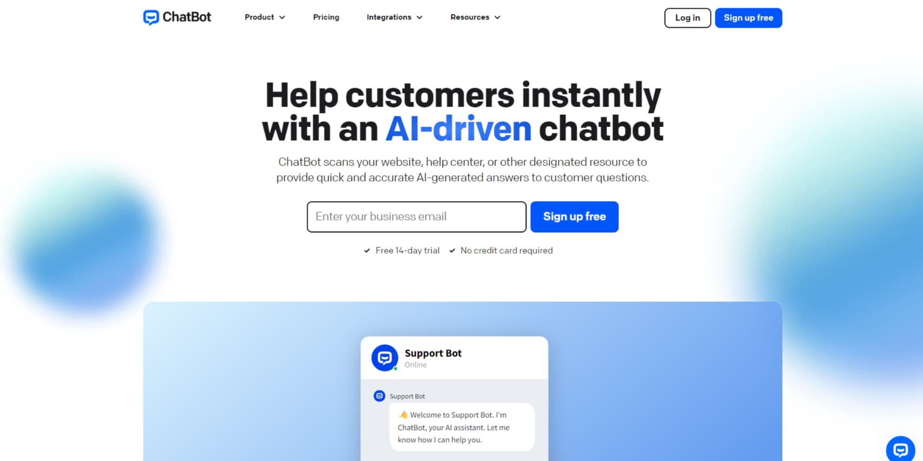 Chatbot.com 홈페이지 스크린샷